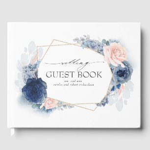 Blue Blush Watercolor Blume Elegante Hochzeit Gästebuch