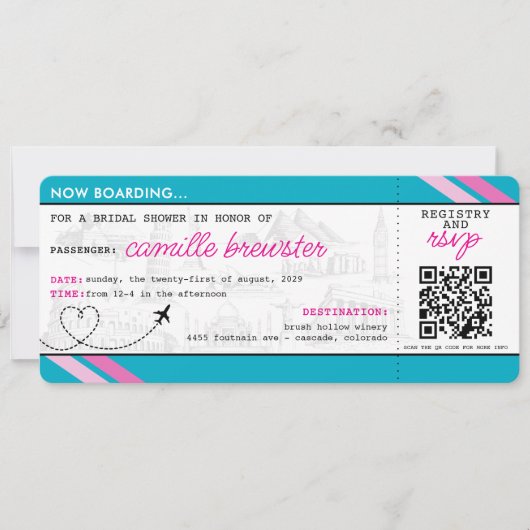 Blue Boarding Pass Brautparty Einladung (Vorderseite)