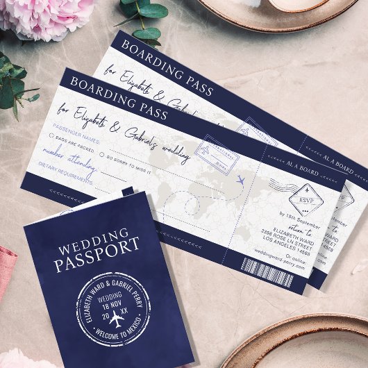 Blue Boarding Pass Hochzeit in Urlaubsort Einladung