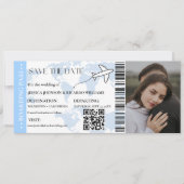 Blue Boarding pass Modernes Save the Date Ticket (Vorderseite)
