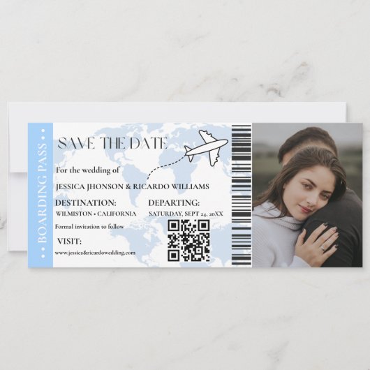 Blue Boarding pass Modernes Save the Date Ticket (Vorderseite)