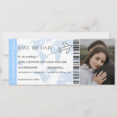 Blue Boarding pass Monogramm Save the Date Ticket (Vorderseite)