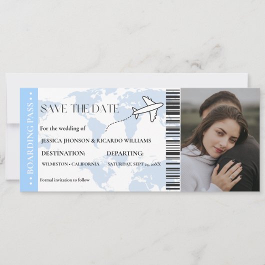 Blue Boarding pass Monogramm Save the Date Ticket (Vorderseite)