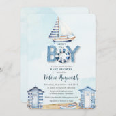 Blue Boat Beach Huts Boy Baby Dusche Einladung (Vorne/Hinten)