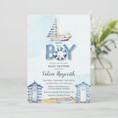 Blue Boat Beach Huts Boy Baby Dusche Einladung (Stehend Vorderseite)