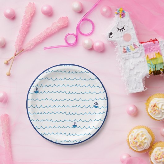 Blue Boats Waves Summer Party Nautical Ship Pappteller (Party)