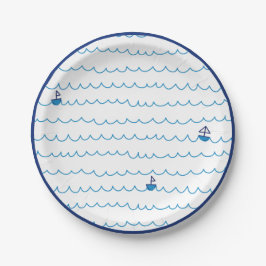 Blue Boats Waves Summer Party Nautical Ship Pappteller