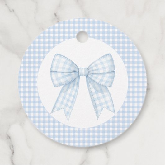 Blue Bogen Gingham Baby Dusche Danke Geschenkanhänger (Rückseite)