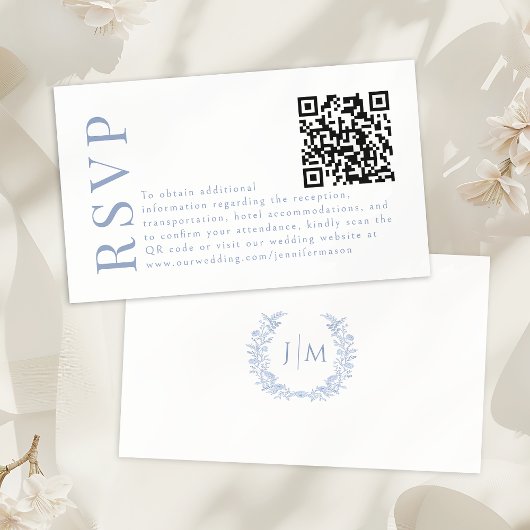 Blue Bohemian Floral Wedding RSVP QR code cards Begleitkarte