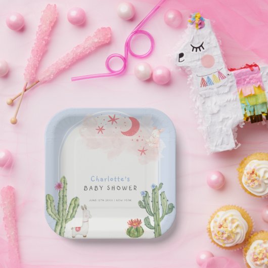 Blue Boho Arch Cactus Toys Boy Baby Shower Pappteller (Party)