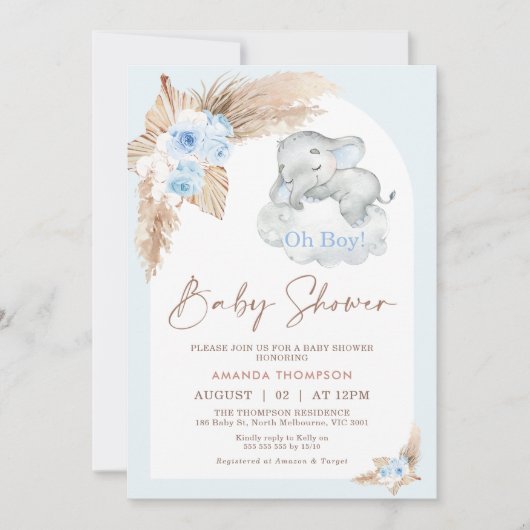Blue Boho Arch Schlafen Elephant Baby Dusche Einladung (Vorderseite)