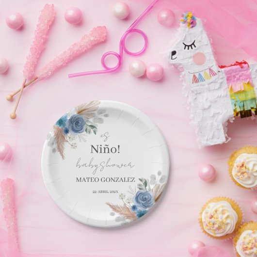 Blue Boho Baby Dusche Papier Teller (Party)