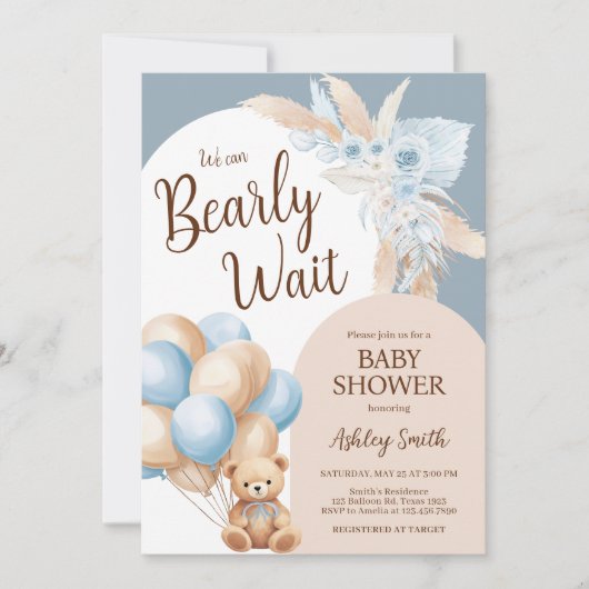 Blue Boho Bear Balloon Baby Dusche Einladung (Vorderseite)