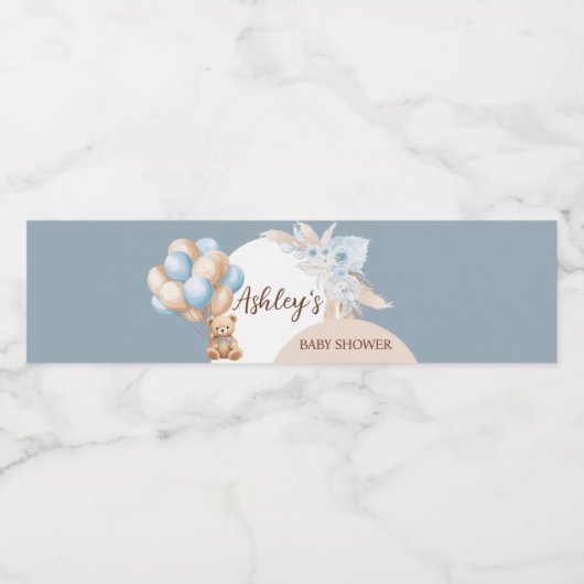 Blue Boho Bear Balloon Baby Dusche Wasserflaschenetikett (Einzelnes Label)