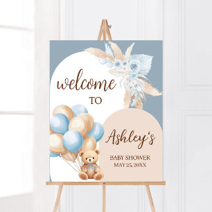 Blue Boho Bear Balloon Baby Dusche Willkommen Poster