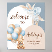 Blue Boho Bear Balloon Baby Dusche Willkommen Poster (Vorne)