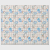 Blue Boho Bear Balloons Gingham Floral Geschenkpapier (Flach)