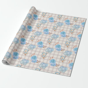 Blue Boho Bear Balloons Gingham Floral Geschenkpapier