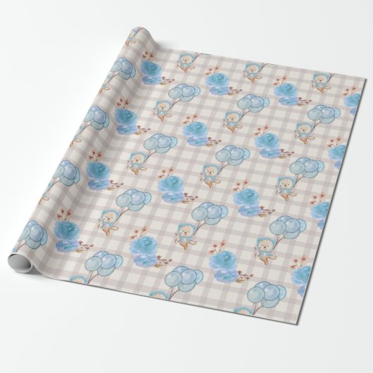 Blue Boho Bear Balloons Gingham Floral Geschenkpapier (Ungerollt)