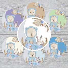 Blue Boho Bear Moon Bunny Floral Runder Aufkleber