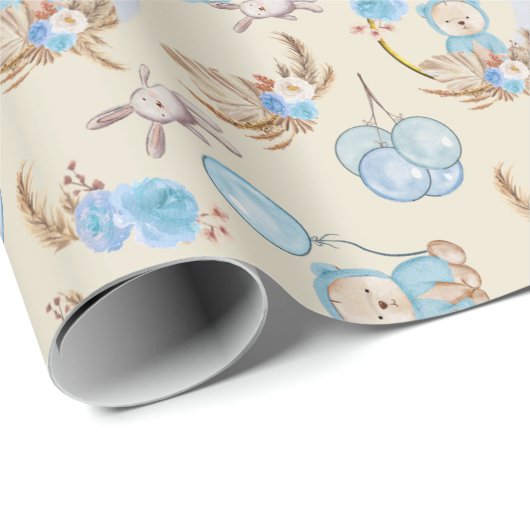 Blue Boho Bear Moon Bunny Geschenkpapier (Rolleneckpunkt)
