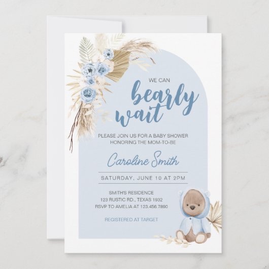 Blue Boho Bearly Wait Baby Dusche Einladung (Vorderseite)