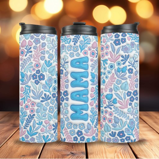 Blue Boho Blume 3D Inflated Mama Thermosbecher