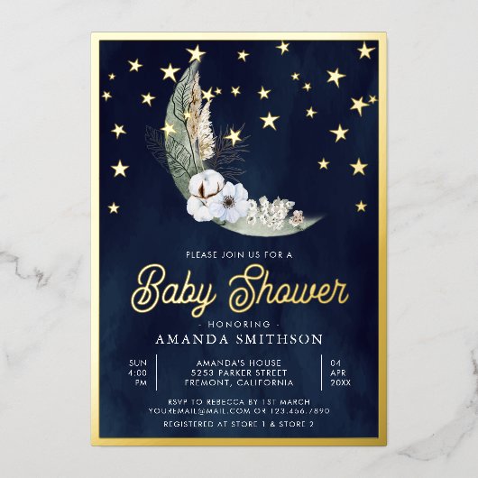 Blue Boho Blumenmoon Stars Baby Dusche Gold Folieneinladung (Vorderseite)