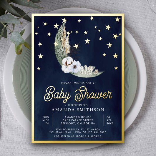 Blue Boho Blumenmoon Stars Baby Dusche Gold Folieneinladung