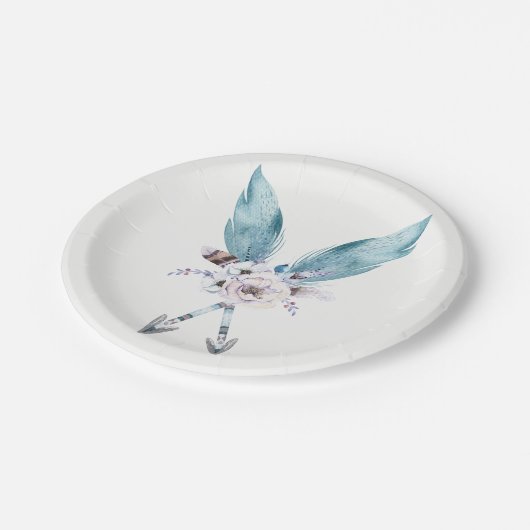 Blue Boho Bohemisch Arrows Feather Floral Party Pappteller (Schrägansicht)
