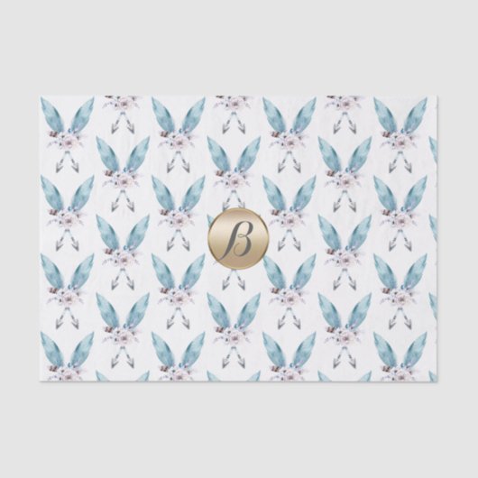Blue Boho Bohemisch Feather Monogram Personalisier Seidenpapier (Vorderseite)