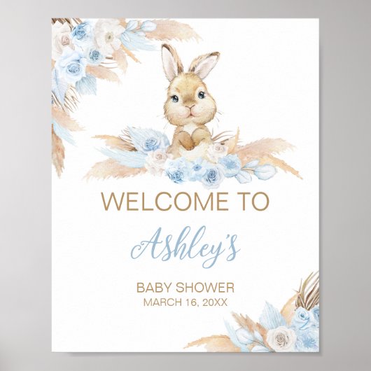 Blue Boho Bunny Baby Dusche Willkommen Poster (Vorne)