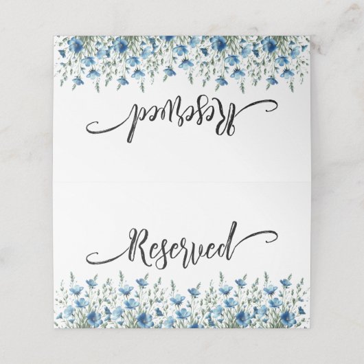 Blue Boho Chic Wildblumen Einfache Hochzeit reserv Platzkarte (Außenseite Aufgefaltet)