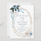Blue Boho Coquette Bow Pearl Graduation Party Einladung (Vorderseite)