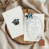 Blue Boho Coquette Bow Pearl Graduation Party Einladung