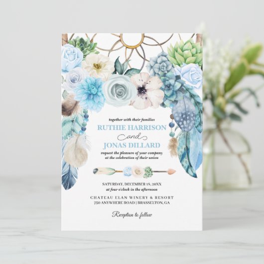 Blue Boho Dreamcatcher Hochzeit Einladung (Stehend Vorderseite)