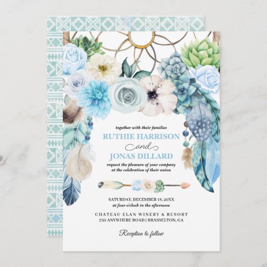 Blue Boho Dreamcatcher Hochzeit Einladung (Vorne/Hinten)
