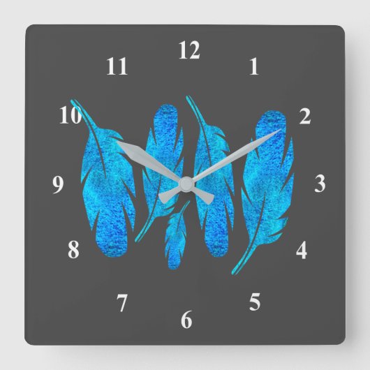 Blue boho feathers blue and gray quadratische wanduhr (Vorderseite)