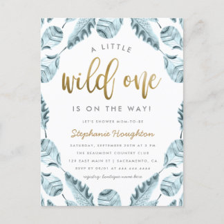 Blue Boho Feathers Gold Wild One Boy Baby Dusche Einladungspostkarte