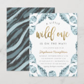 Blue Boho Feathers Gold Wild One Boy Baby Dusche Einladungspostkarte (Vorne/Hinten)