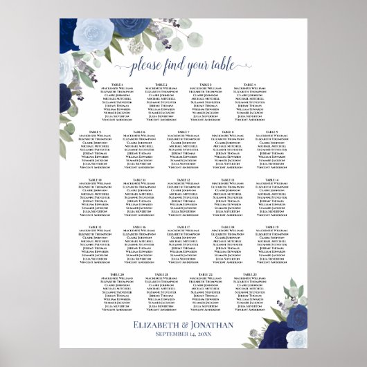 Blue Boho Floral 23 Table Wedding Seating Chart Poster (Vorne)