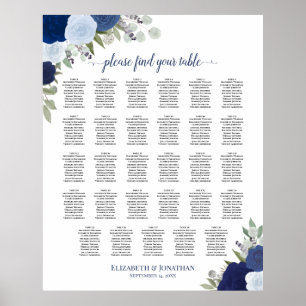Blue Boho Floral 29 Table Wedding Seating Chart Poster