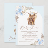 Blue Boho Floral Arch Highland Cow Baby Dusche Einladung (Vorne/Hinten)