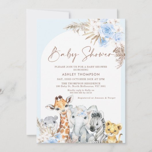 Blue Boho Floral Arch Safari Animals Baby Dusche Einladung (Vorderseite)