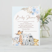 Blue Boho Floral Arch Safari Animals Baby Dusche Einladung (Stehend Vorderseite)