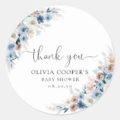 Blue Boho Floral Baby Shower Classic Round Sticker (Vorderseite)