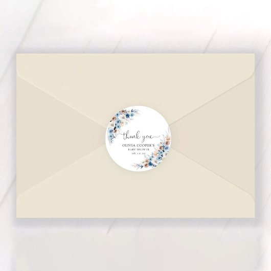 Blue Boho Floral Baby Shower Classic Round Sticker