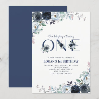 Blue Boho Floral Boy 1. Geburtstag Party Einladung