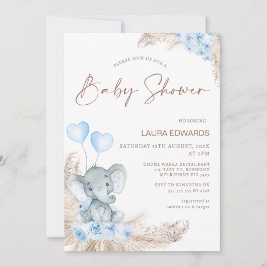 Blue Boho Floral Boys Elephant Baby Dusche Einladung (Vorderseite)