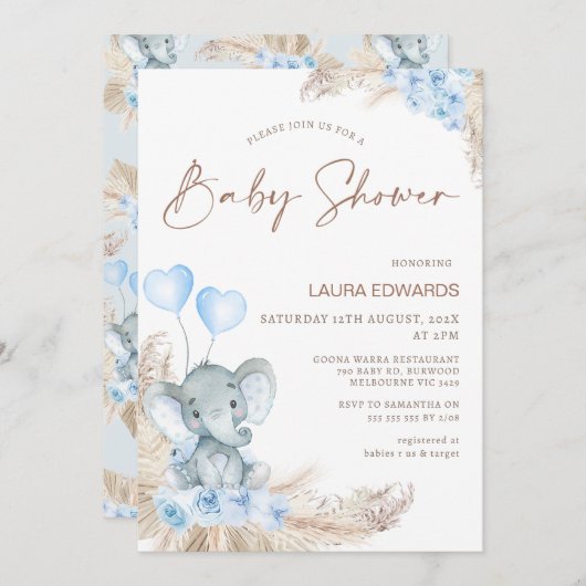 Blue Boho Floral Boys Elephant Baby Dusche Einladung (Vorne/Hinten)